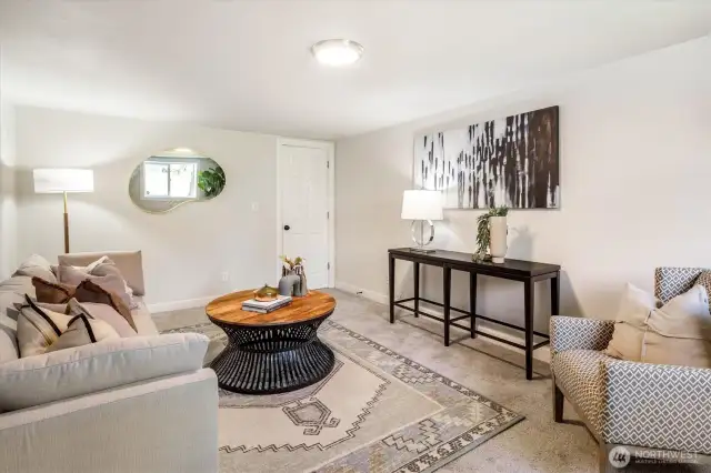Lower level living room or bedroom with closet.