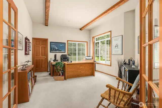 French doors and 2 oversized windows flood the main floor office with natural light. Walk-in storage area.