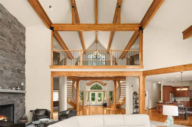 High ceilings and exposed beams add a touch of elegance.