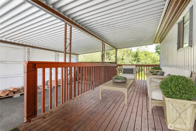 Covered porch, virtually staged