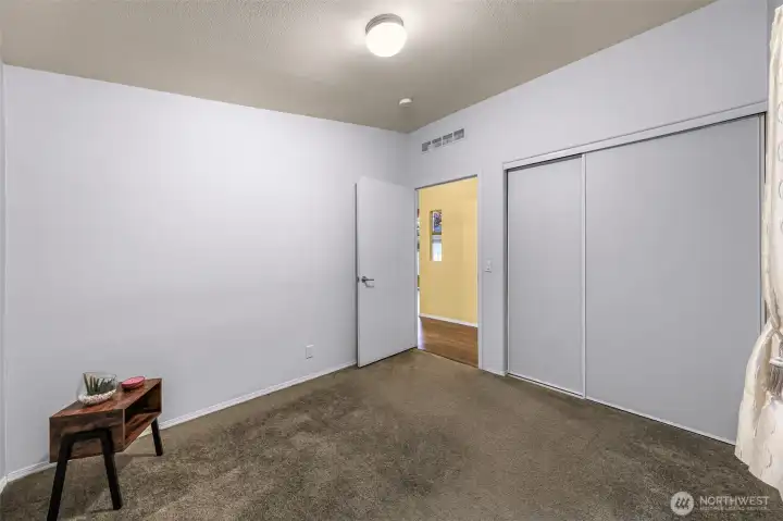 Another large closet and vaulted ceilings.