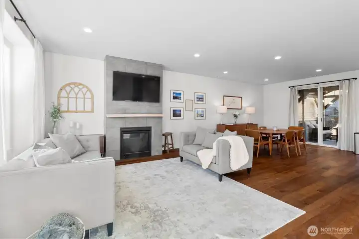 View from living room window towards dining and deck