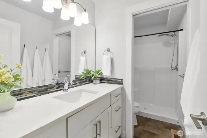 Lower level bathroom.  Shower and toilet area closes off for convenience