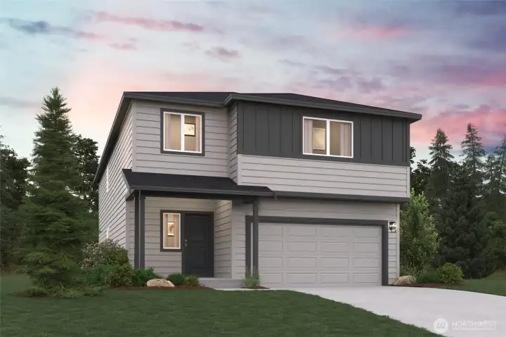 Rose floorplan 2745 sf Elevation C Rendering-Depictions of homes or other features are artist conceptions. Hardscape, landscape, and other items shown may be decoration and not included in the purchase price and availability may vary, not promised. Views may also be altered by subsequent construction, tree growth, and landscaping