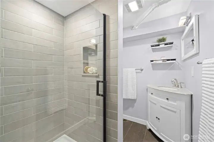 Lower level full bathroom with step in shower.