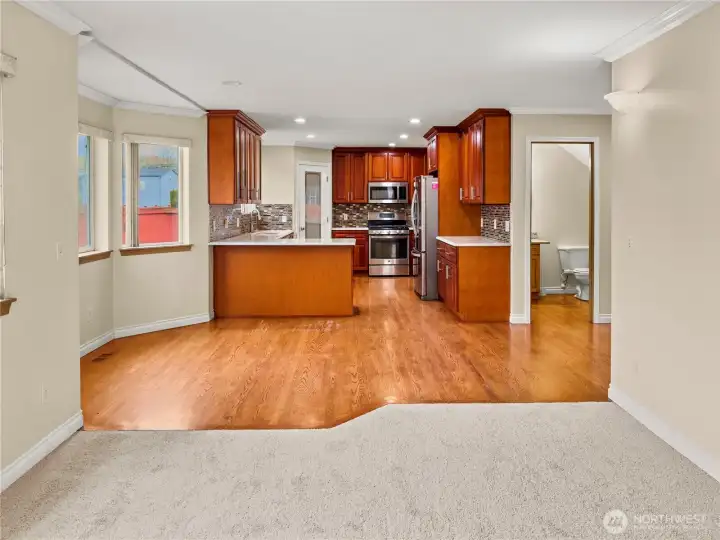 The family room is a natural extension of the kitchen and casual dining area.