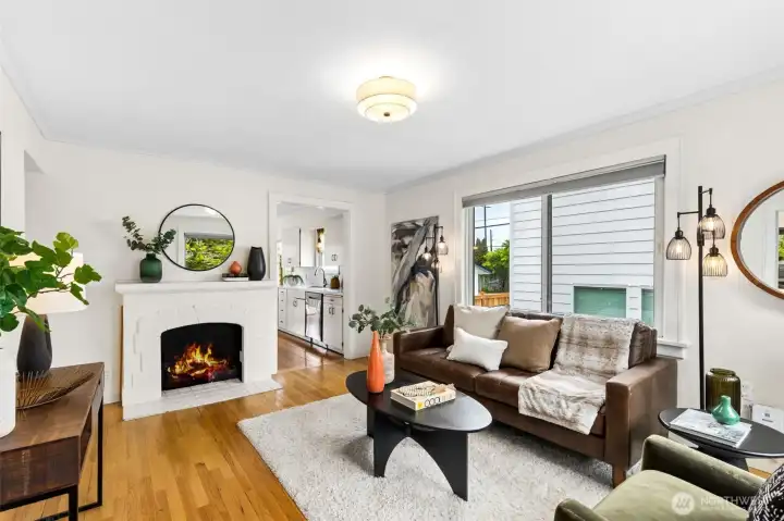 Living room with a cozy fireplace
