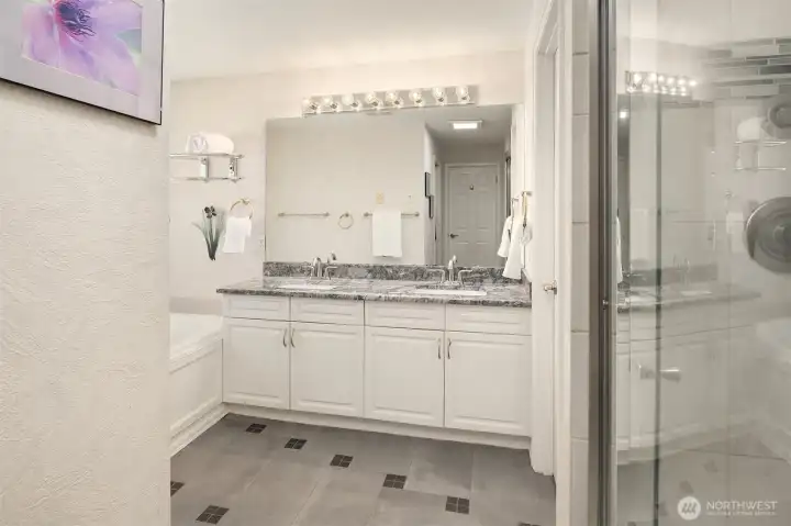Walk In Shower, Double Sinks, Soaking Tub and Separate Restroom