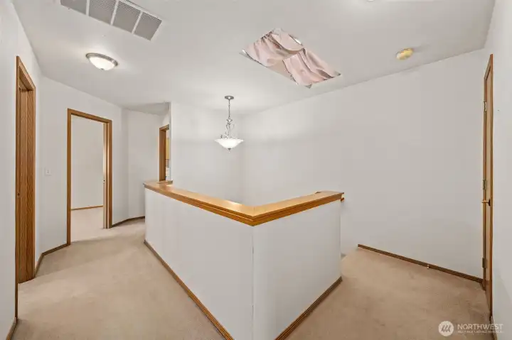 Skylight (covered with curtain currently) illuminates the staircase. Skylight (covered with curtain currently) illuminates the staircase.