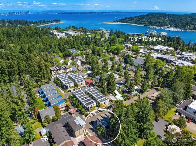 A bird's eye view of the townhome to show how close it is to the ferry terminal.