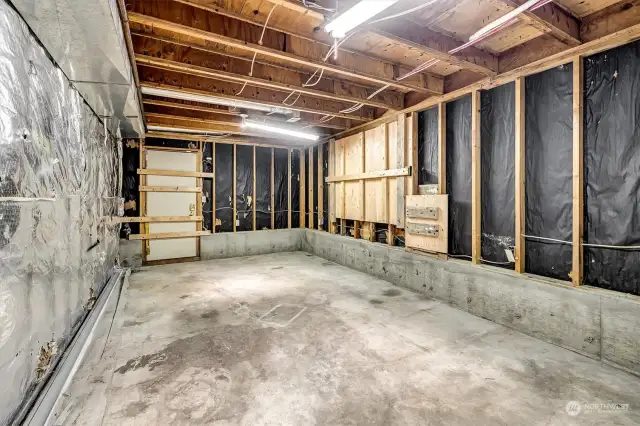 Very large room behind garage, contains laundry hookups, dog door boarded up on right, entry door on left.