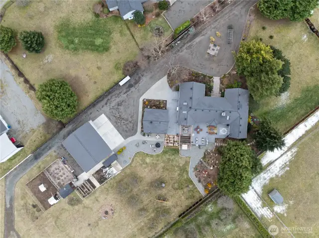 Overhead shot of existing home, adu,and shop