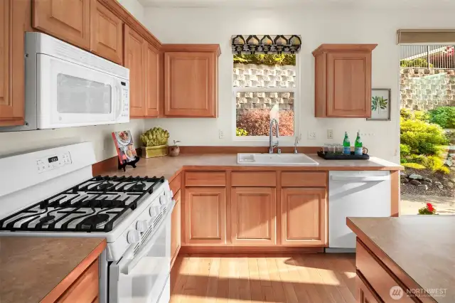 Equipped with all new (2020) white GE appliances including a 5-burner gas cooktop/stove, French door refrigerator, and dishwasher.  A microwave and an updated kitchen sink.