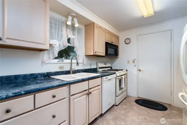 gas oven and stove, dishwasher, microwave, garbage disposal and refrigerator/freezer.
