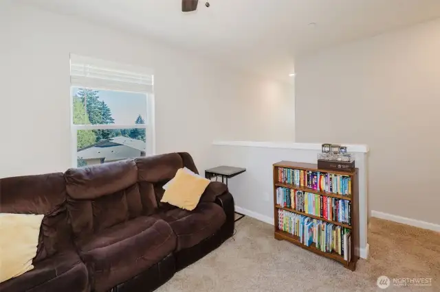Additional loft space with cozy carpet.