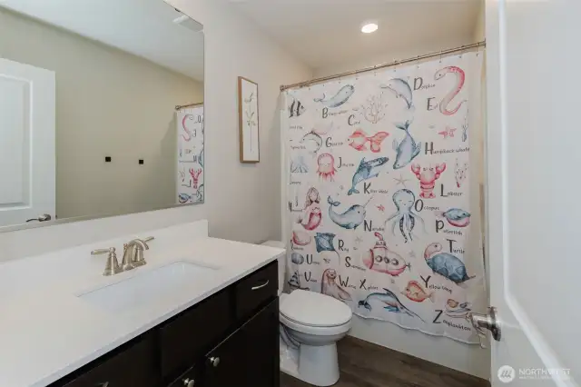 Full bathroom with vanity and tub/shower combo.