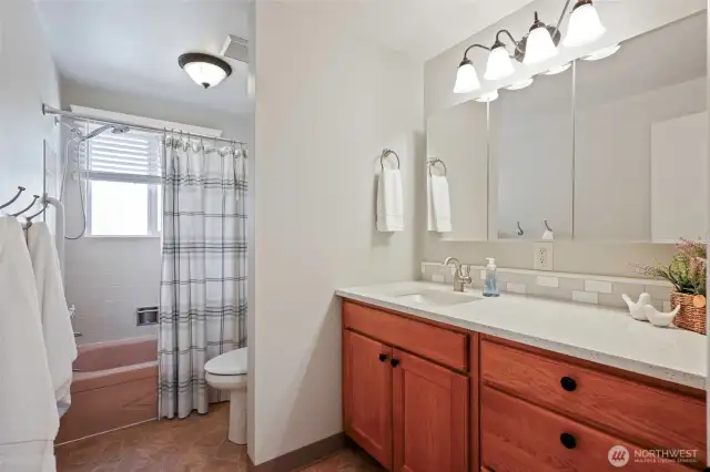 Hall bath is perfect for sharing with plenty of space and a wide quartz counter top. Privacy window in shower allows the light to stream in!