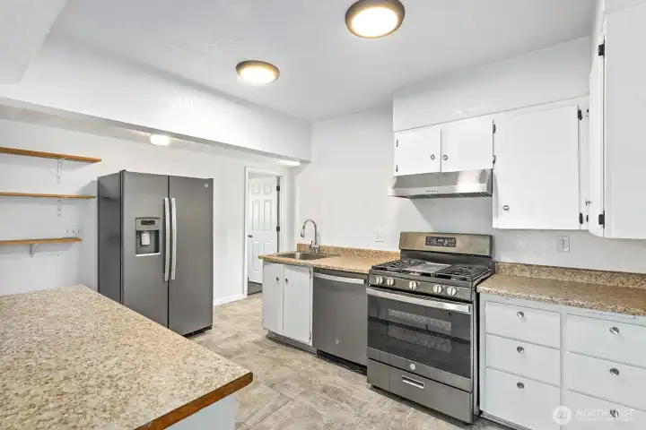 Modern stainless-steel range, hood, refrigerator, and dishwasher for everyday convenience.