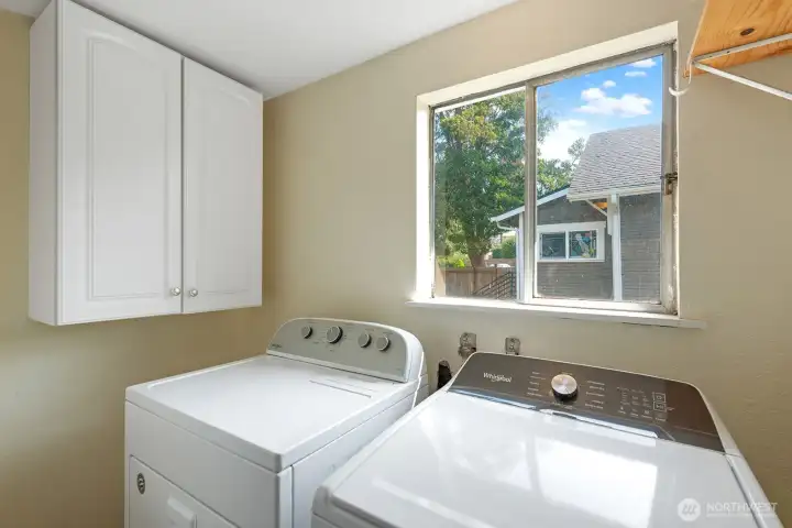 Bright space with upper cabinetry for storage, washer and dryer included.
