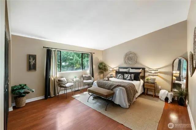 Step into your Primary Oasis!  This is a large room, and the vaulted ceilings provide an even larger sense of space & openess