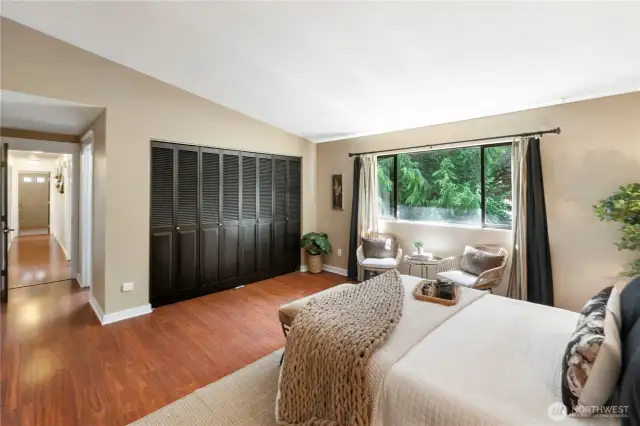 Good size closet space with stylish black bi-fold doors
