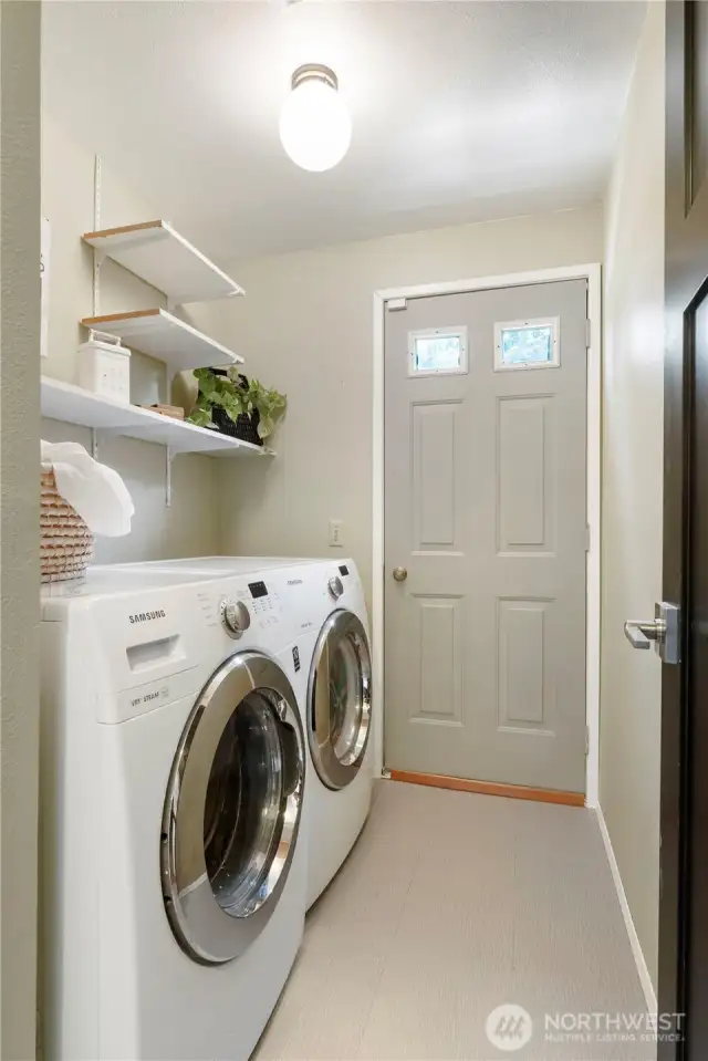 Utility Room, but on MAIN LEVEL! For days when you must do laundry- Washer & dryer stay with the home. The door takes you out to the side deck.