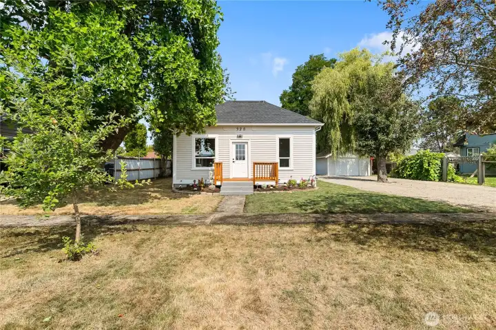 Lots of space and mature fruit trees in the front and in the driveway
