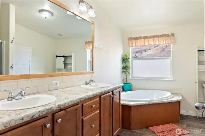 Ensuite bath with dual sinks and a huge soaking tub.
