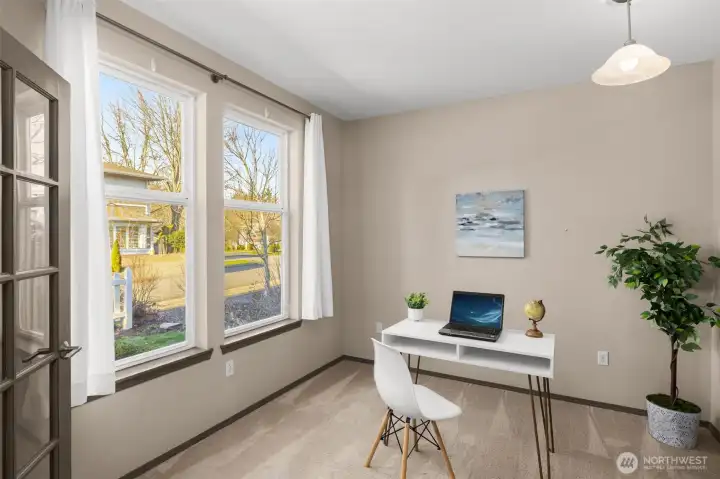 Office off family room has spacious closet and connects to the bathroom