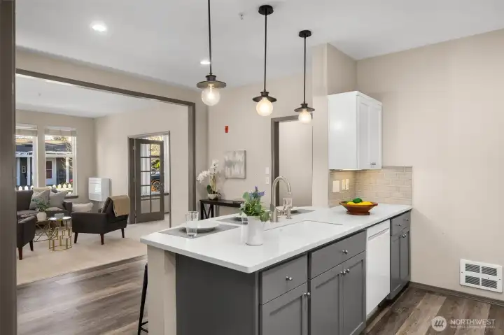 Updated light fixtures and open floor plan