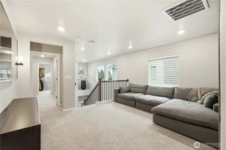 Versatile upstairs loft area perfect for a media room, office, or play space in this Covington WA home for sale.