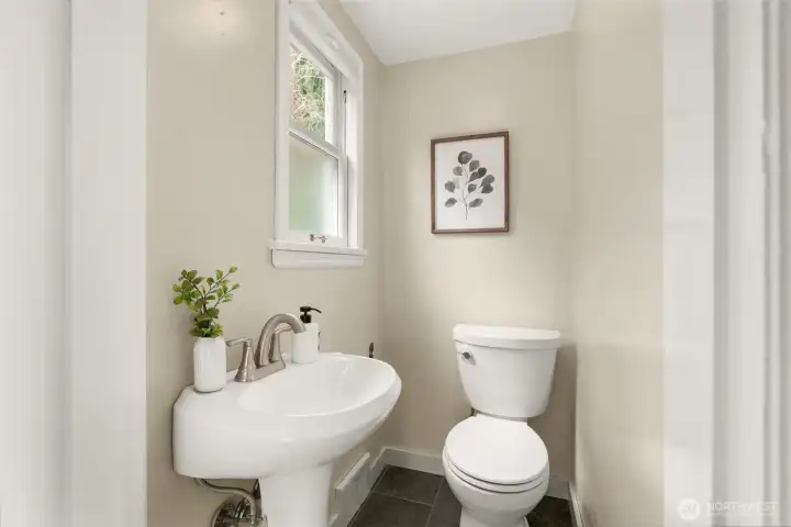 Powder room in a private nook on the first floor.