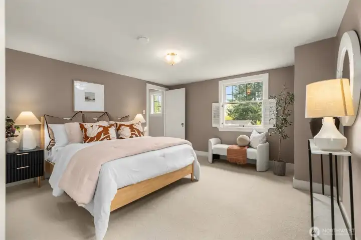 Wool carpets keep your feet cozy, generous built in closets, tasteful custom shutters