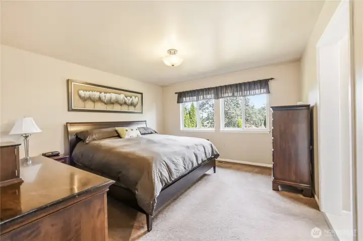 Primary bedroom faces the verdant back yard.