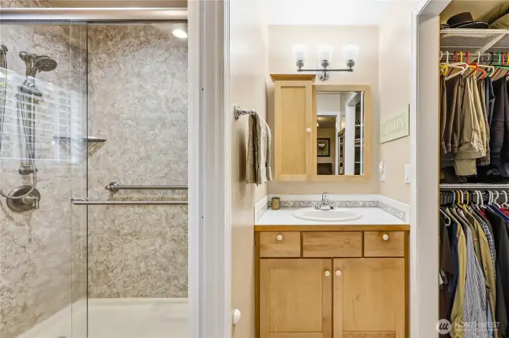 Primary bathroom area with walk-in shower, vanity, and walk-in closet.