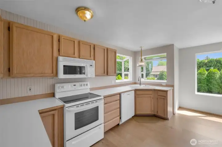 Light & Bright kitchen with plant holder shelves. Windows were just replaced.