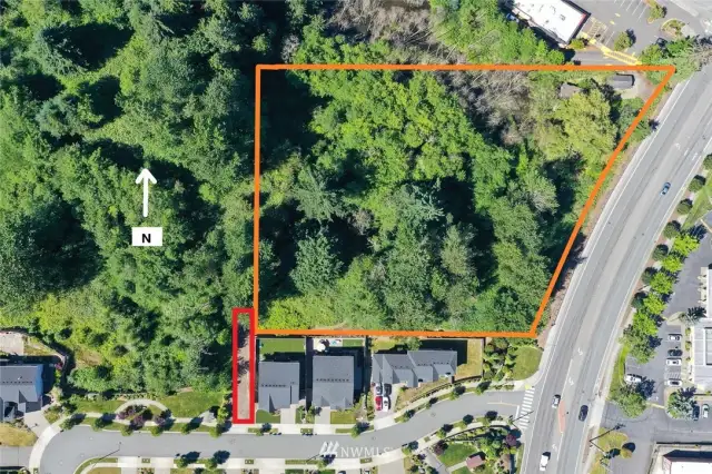 Aproximate property lines in Orange and access easement in Red.