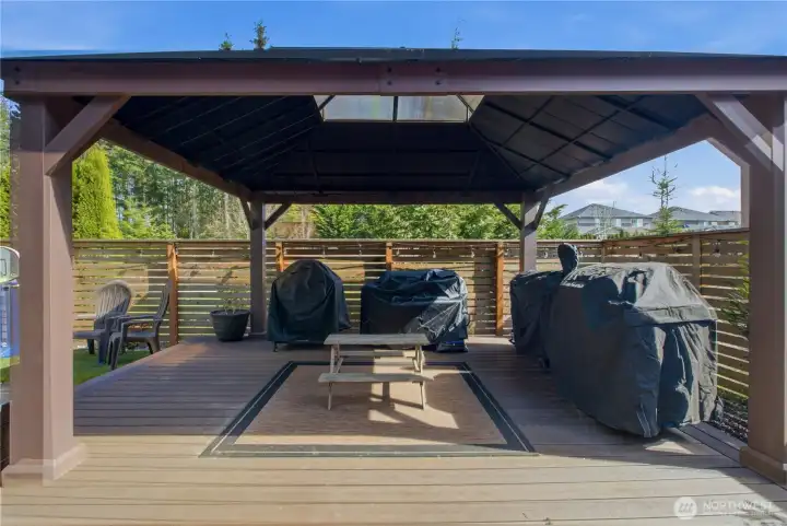 The pergola provides an outdoor living space protected from the elements.