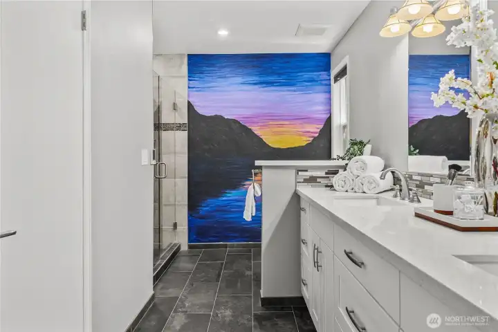Primary bath with custom mural. Primary bath with custom mural.
