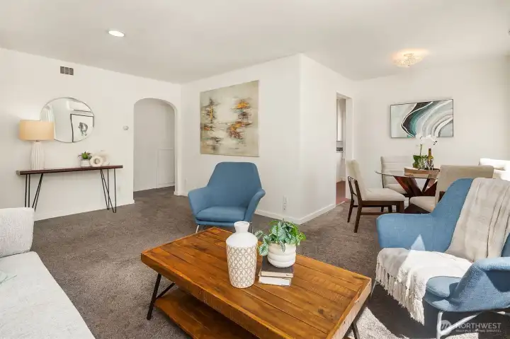 Living area flowing into dining.