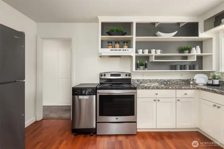 Kitchen with ample cabinet storage.