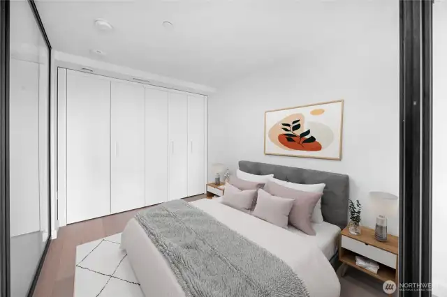 Virtually staged Bedroom w option to open all heavy sliding doors. This feature and layout make it on of the most desirable floorplans.