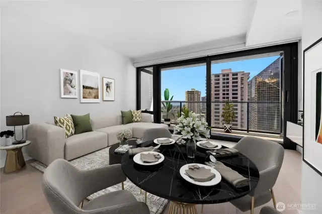 Virtually staged living room and dining area