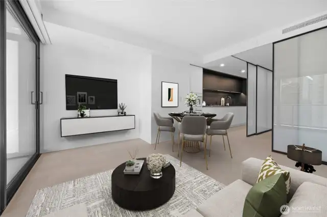 Virtually staged open living room and dining space