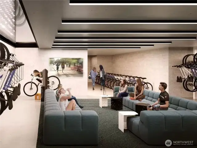 A rendered image of conversations of trails and adventures in the bike storage room. (Photo credit: Builder)
