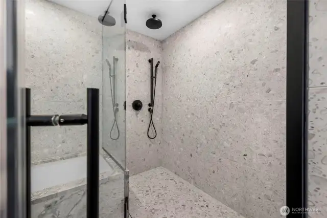 Gorgeous marbles and a Japanese showerhead.