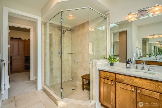 Primary bathroom with expansive walk in shower and recently updated quartz countertops