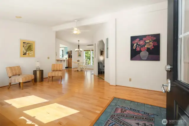 The great room is light and bright with vaulted ceilings.