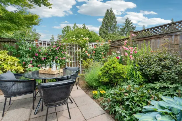 Private patio has established gardens and Japanese maple