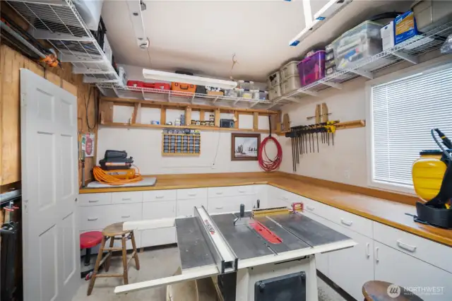 Built In Work Shop With Shelving, Counters, And Plenty Of Storage